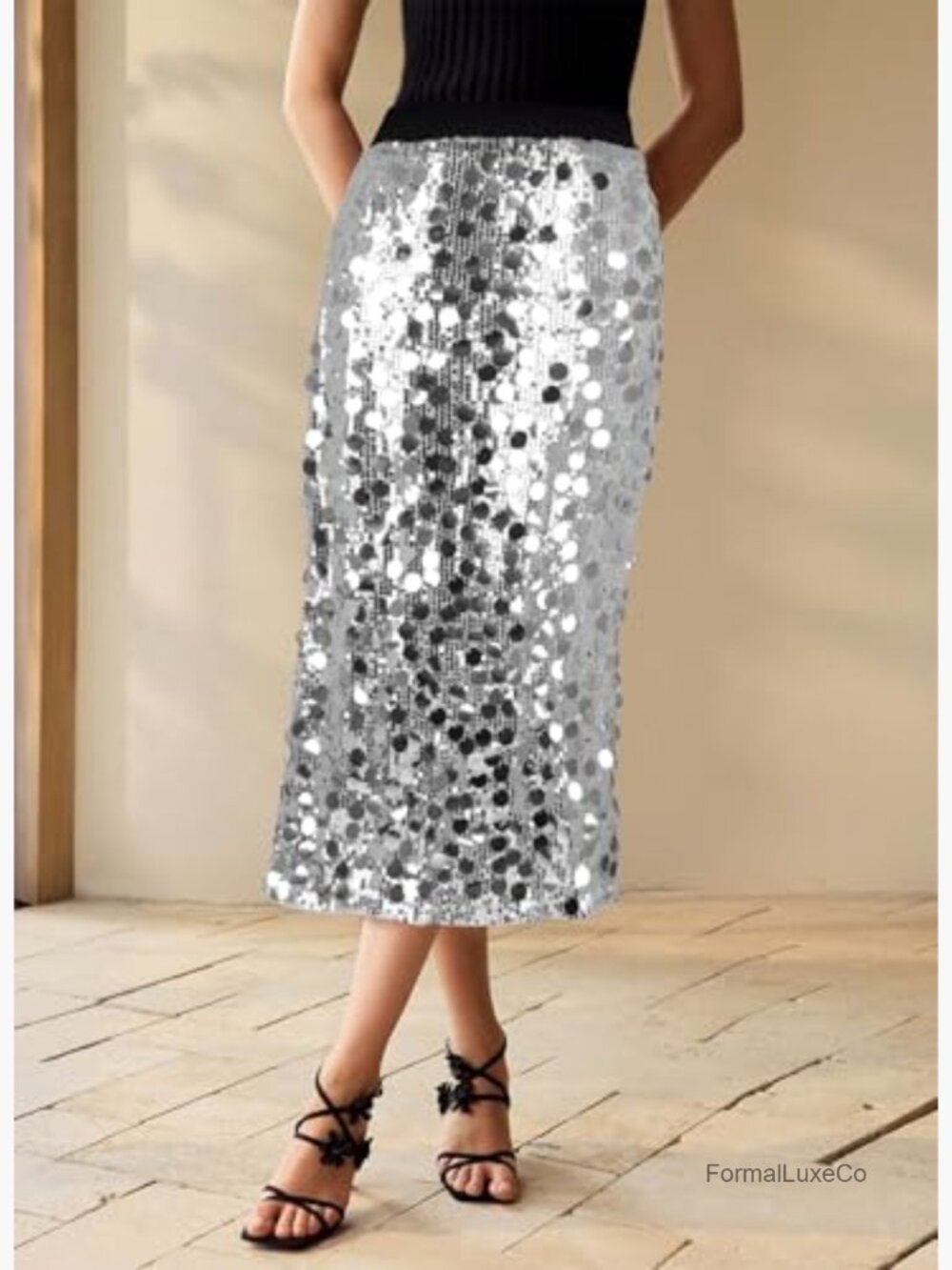 High Waist A-Line Sequin Midi Skirt Sparkly Shiny Party Club - Picture 3 of 6